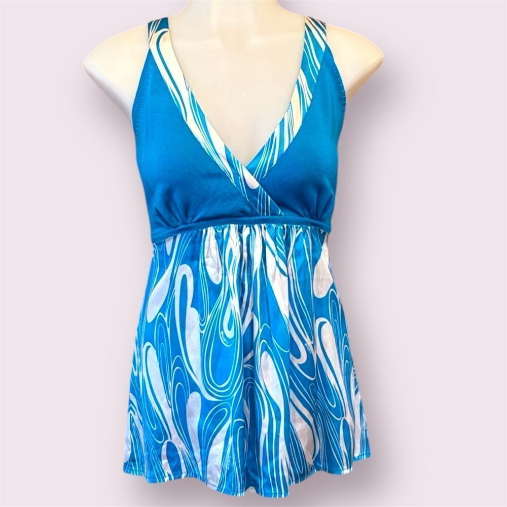 BEBE 2B Y2K Silk Swirl V-Neck Tank Top